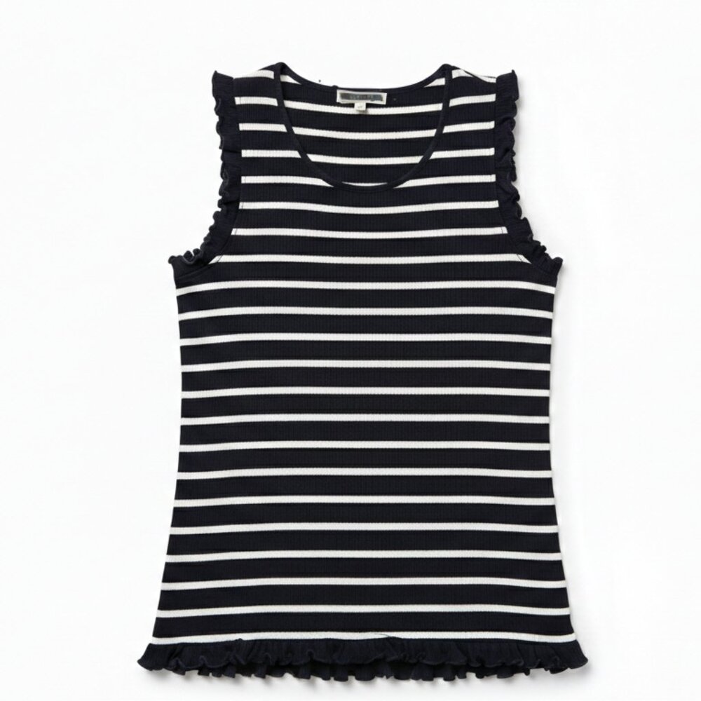 PLEIONE Navy Blue & White Striped Ruffle Trim Sleeveless Top - Size L